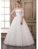 Sheer Neck Ivory Pearls Tulle Floor Length Wedding Dress 